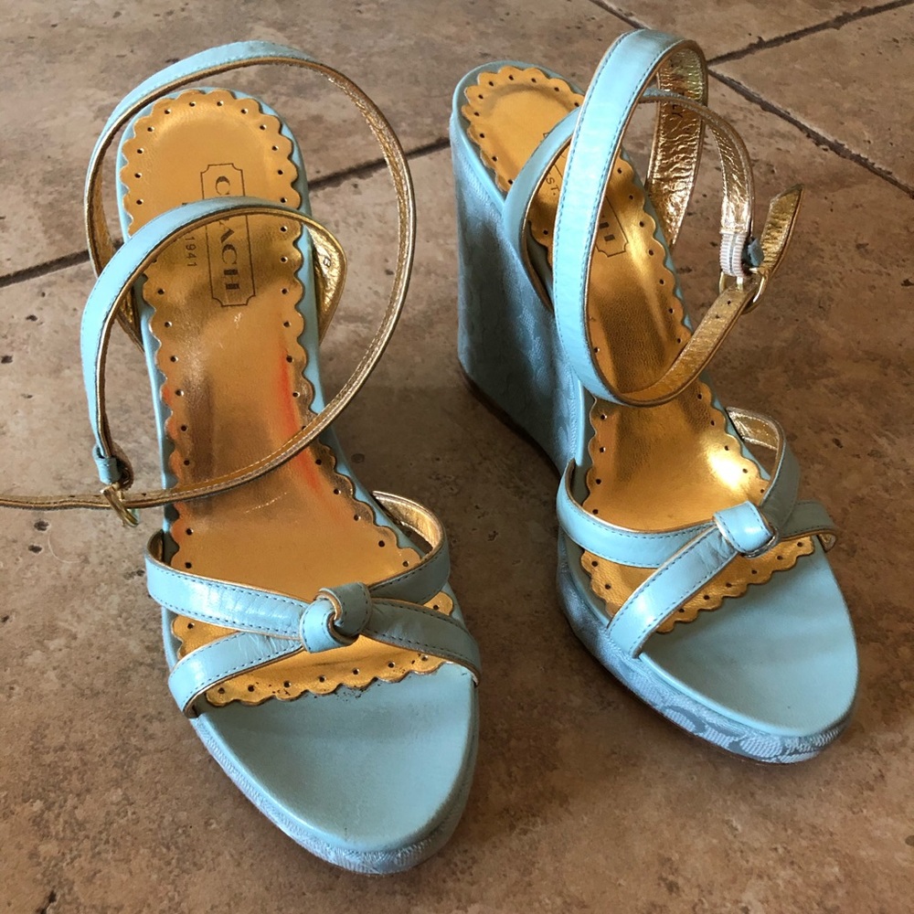 Tiffany Blue and Gold Coach Ankle Wrap Wedge Heels